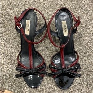 AUTHENTIC PRADA BLACK RED PATENT BOW SANDALS
